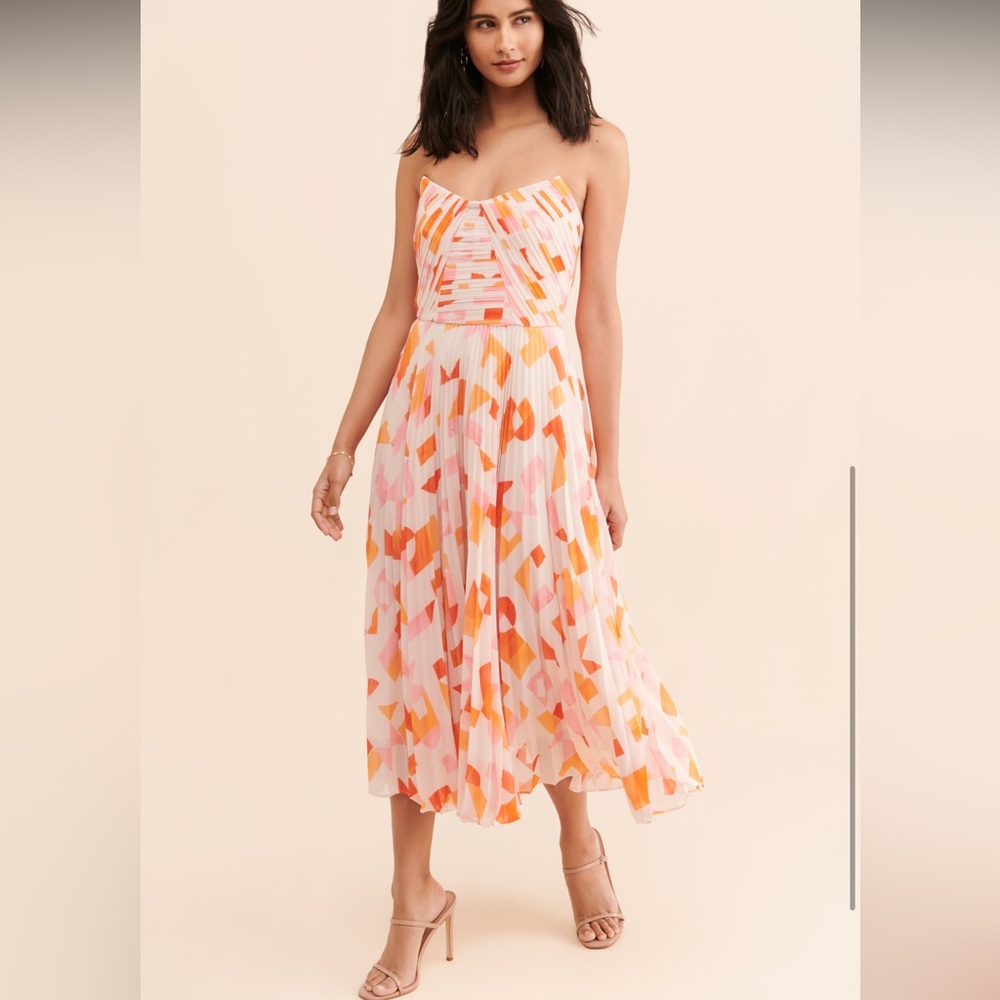 AMUR Strapless Midi Dress in Pink, Orange, White Geometric Print